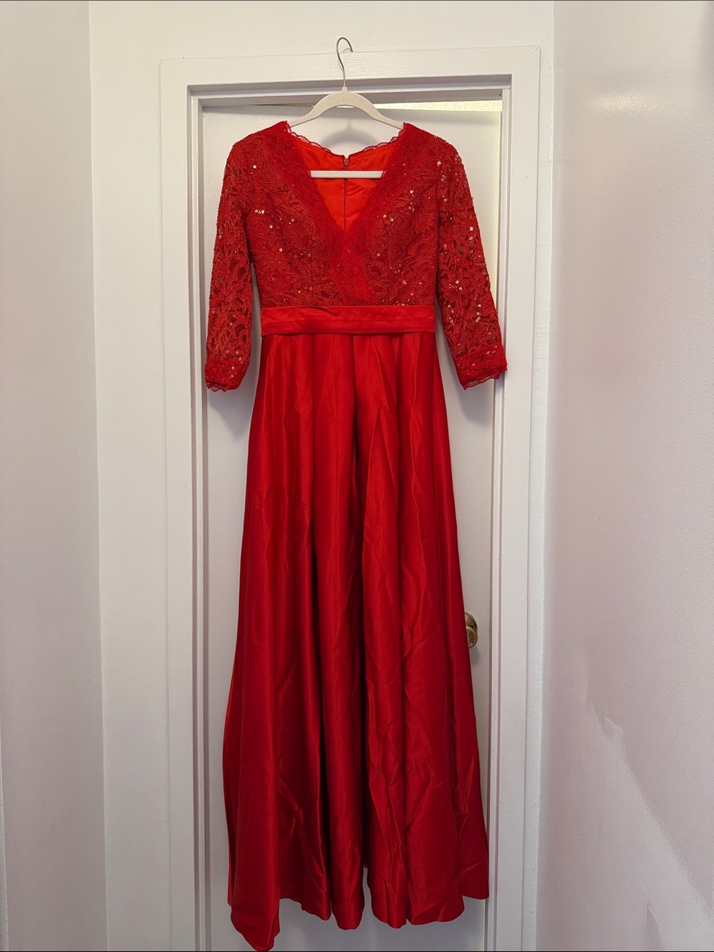 Red Beaded V-Neck Evening Gown